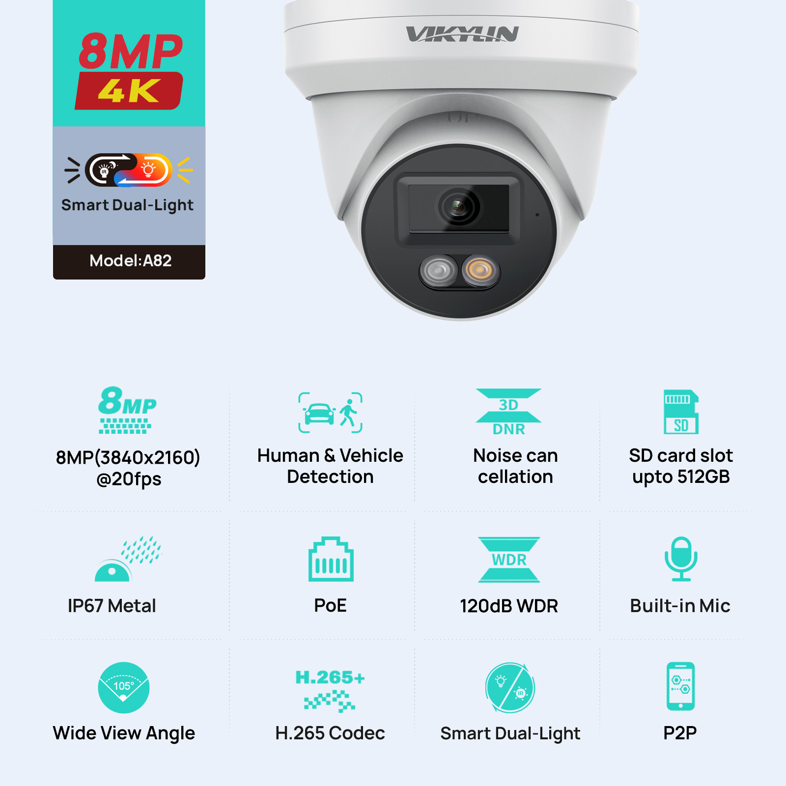 Home Security Lights Outdoors - VIKYLIN 8MP 4K IP Security Camera