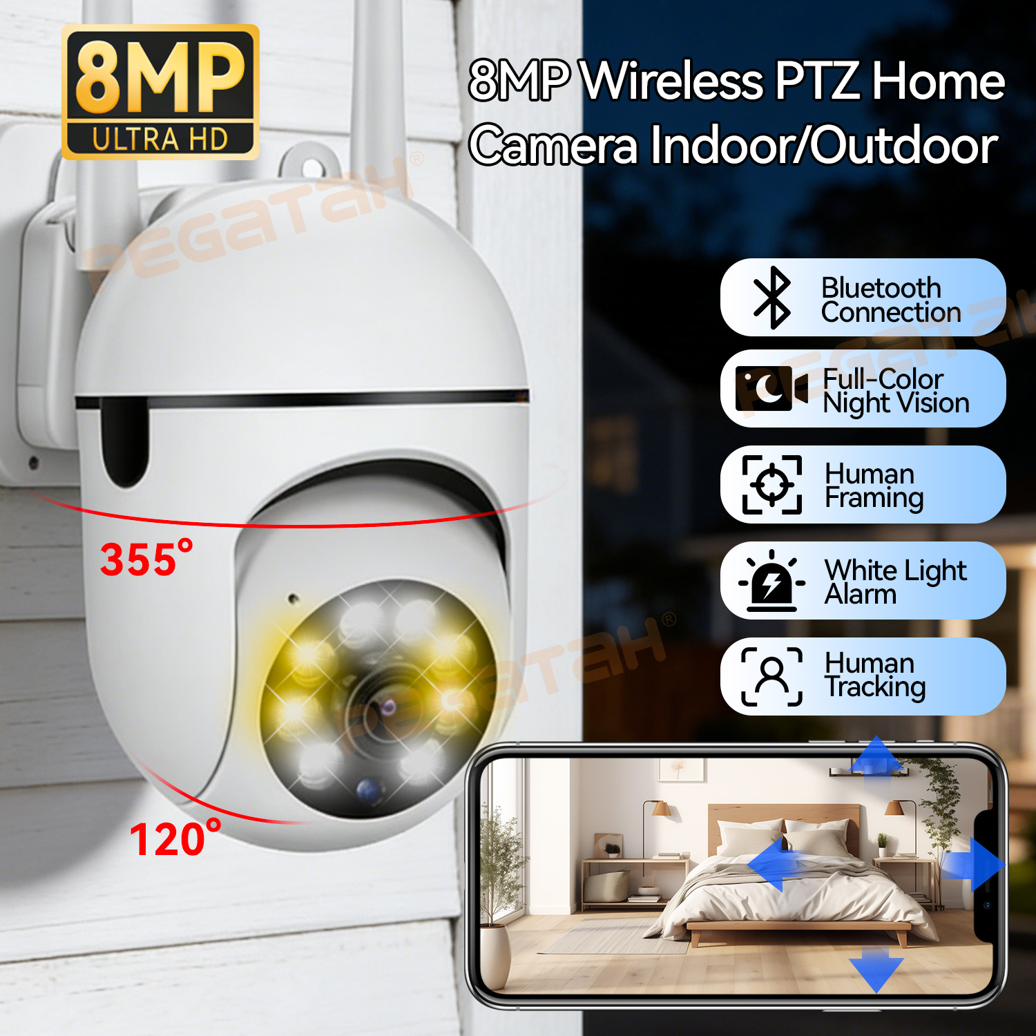 Home Security Lights Outdoors - 8MP 2.4G Wifi IP CCTV Camera